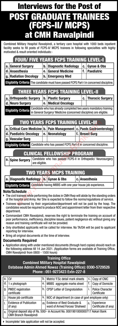 CMH Rawalpindi FCPS / MCPS Postgraduate Training 2021 June Combined Military Hospital Latest