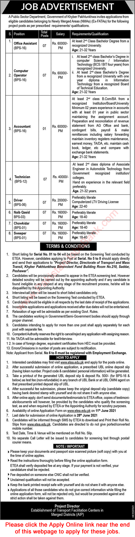 Transport and Mass Transit Department KPK Jobs 2021 June ETEA Apply Online Latest