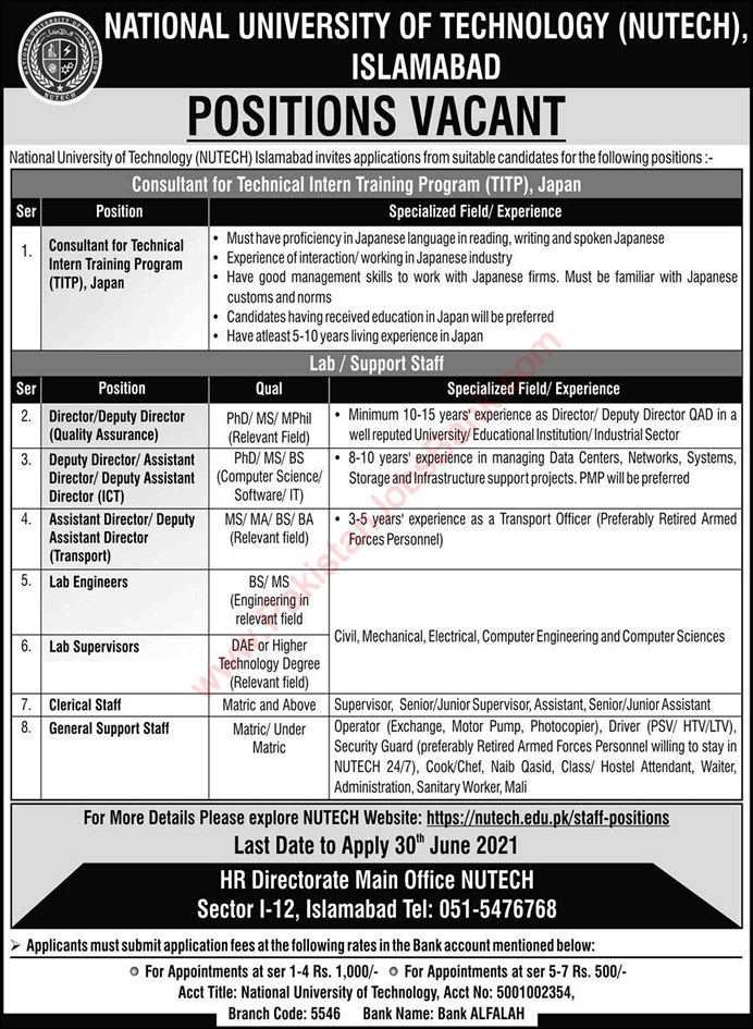 NUTECH University Islamabad Jobs June 2021 National University of Technology Latest