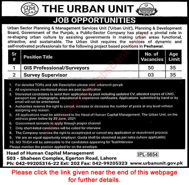 The Urban Unit Peshawar Jobs 2021 June GIS Professionals / Surveyors & Supervisors Latest