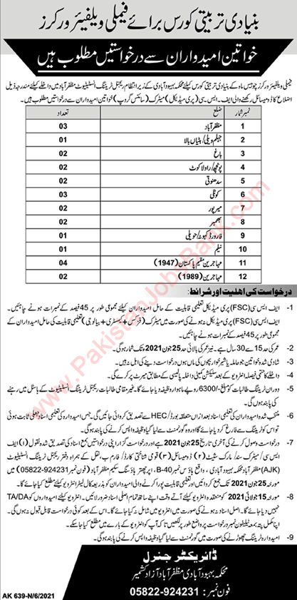 Family Welfare Worker Free Courses in AJK June 2021 Population Welfare Department Latest