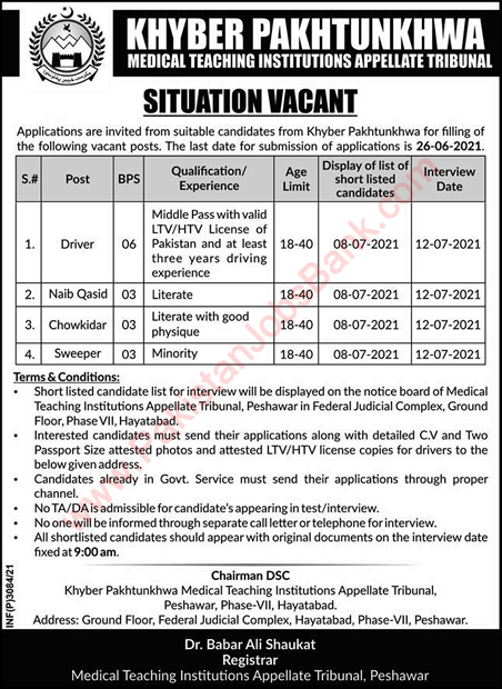 Medical Teaching Institutions Appellate Tribunal KPK Jobs 2021 June Latest