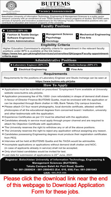 BUITEMS University Quetta Jobs 2021 June Application Form Lecturers & Others Latest