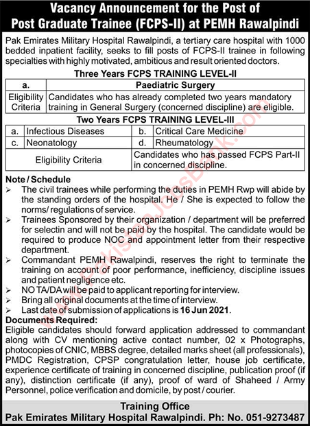 Pak Emirates Military Hospital FCPS Postgraduate Training 2021 June PEMH Latest