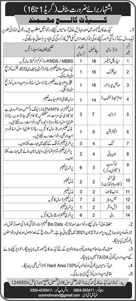 Cadet College Mohmand Jobs June 2021 Waiters, Khakroob & Others Latest