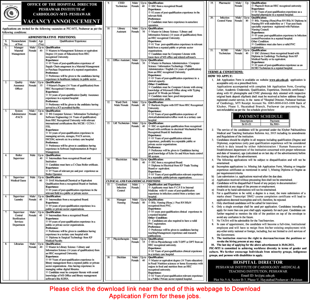 Peshawar Institute of Cardiology Jobs June 2021 PIC MTI Application Form Latest