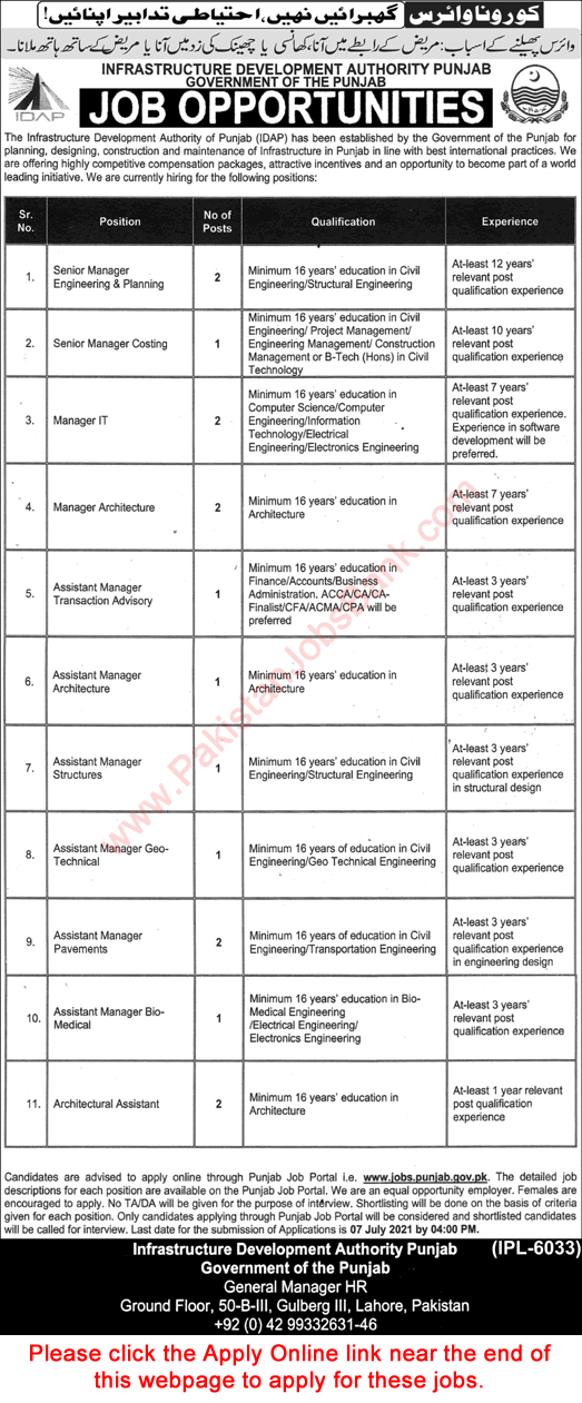 Infrastructure Development Authority Punjab Jobs June 2021 IDAP Apply Online Latest