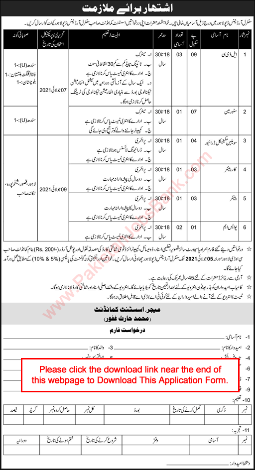 Central Ordnance Depot Lahore Jobs 2021 June Application Form Clerks & Others Pak Army Latest