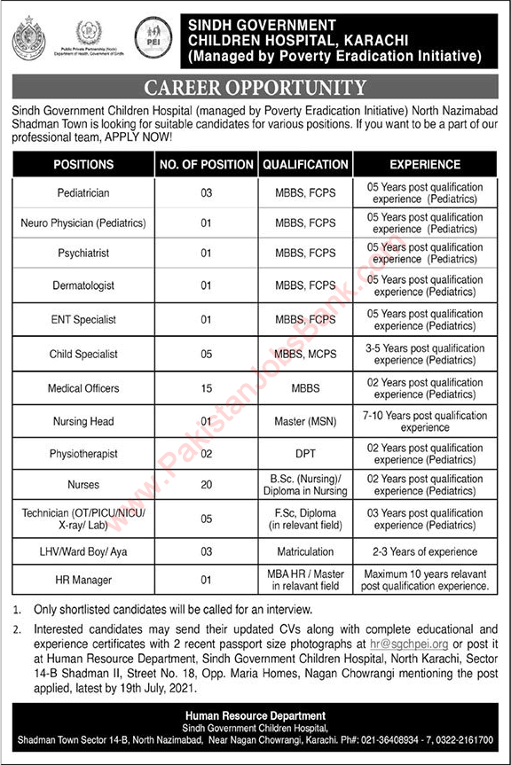 Sindh Government Children Hospital Karachi Jobs 2021 June Nurses, Medical Officers & Others Latest