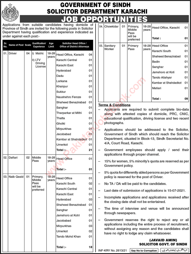 Solicitor Department Sindh Jobs 2021 June Drivers, Naib Qasid & Others Latest