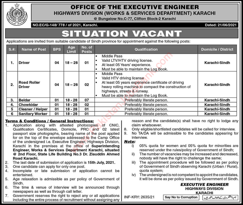 Works and Services Department Karachi Jobs 2021 June / July Baildar & Others Highways Division Latest