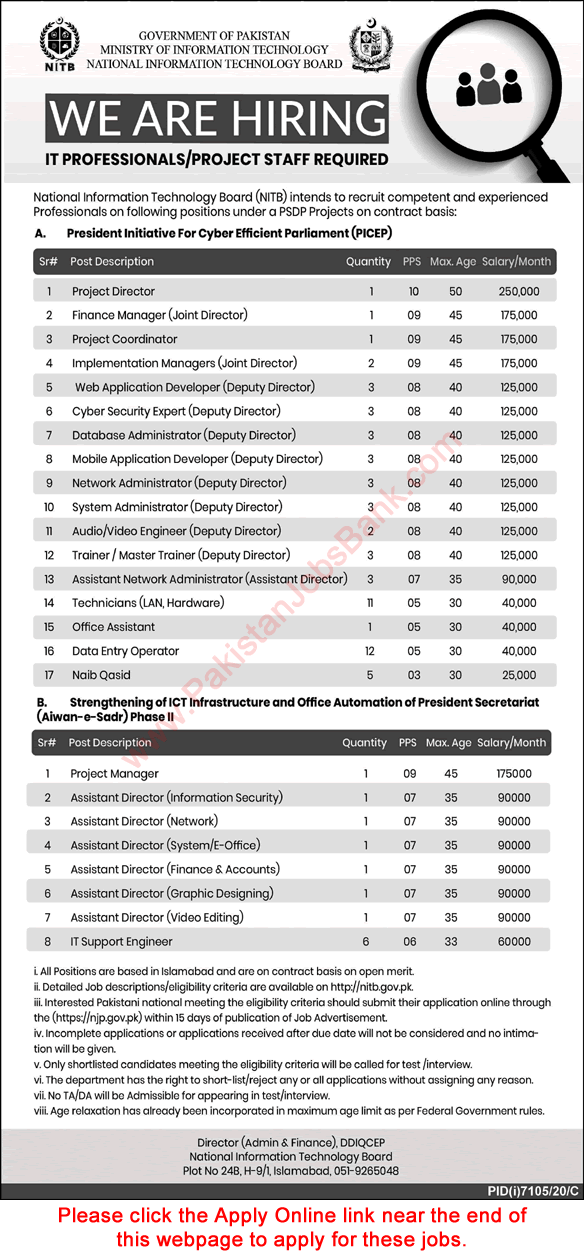 National Information Technology Board Jobs 2021 June / July NITB Apply Online Assistant Directors & Others Latest