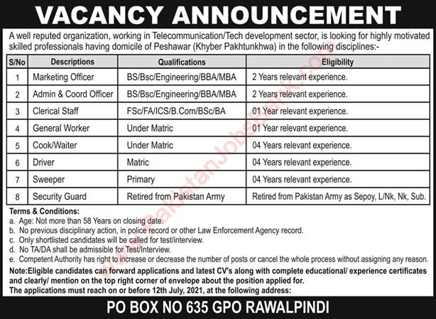PO Box 635 GPO Rawalpindi Jobs June 2021 July Drivers, Security Guards & Others Latest