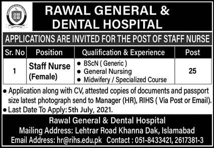 Staff Nurse Jobs in Rawal General and Dental Hospital Islamabad 2021 July RIHS Latest