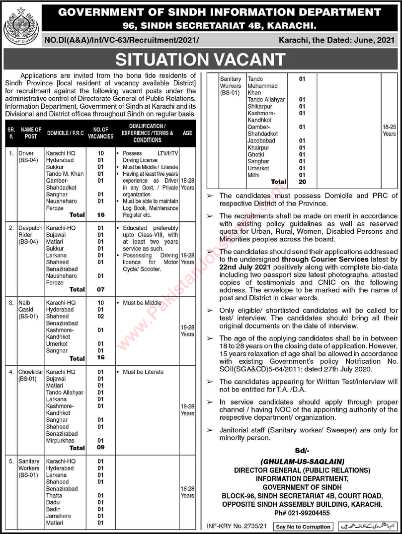 Information Department Sindh Jobs 2021 July Sanitary Workers, Drivers, Naib Qasid & Others Latest