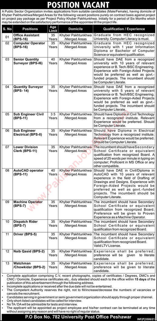PO Box 782 Peshawar Jobs 2021 July Sub Engineers, Computer Operator & Others Latest