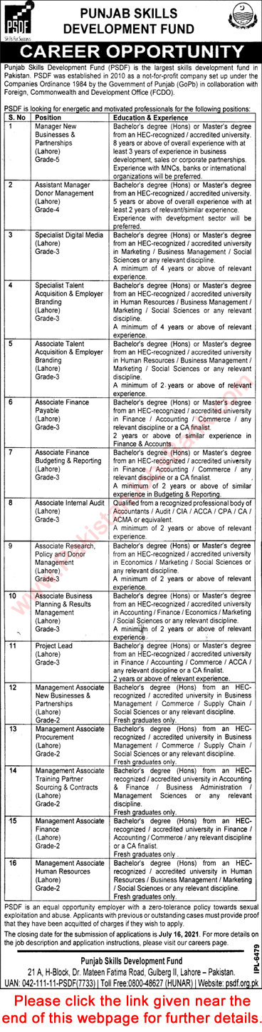 PSDF Lahore Jobs July 2021 Apply Online Punjab Skills Development Fund Latest