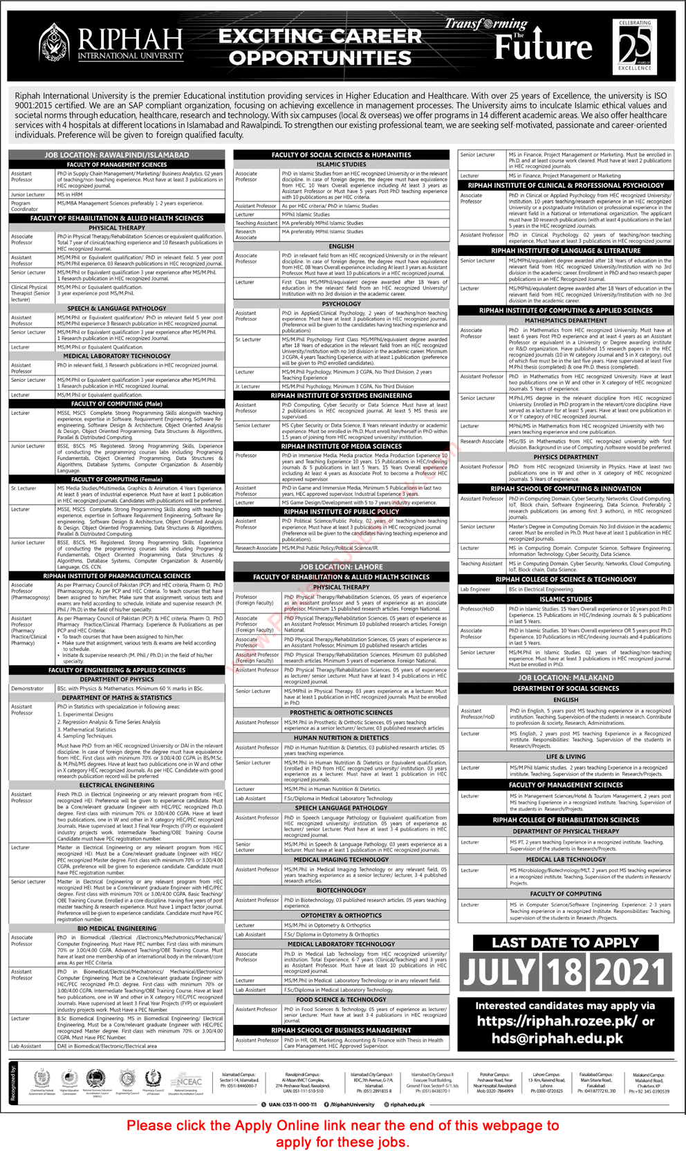 Riphah International University Jobs July 2021 Apply Online Teaching Faculty & Others Latest