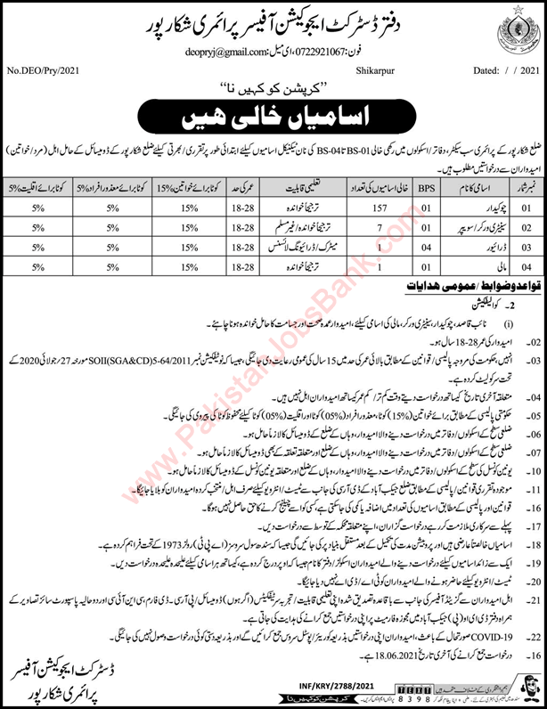 Education Department Shikarpur Jobs 2021 July Chowkidar & Others Latest