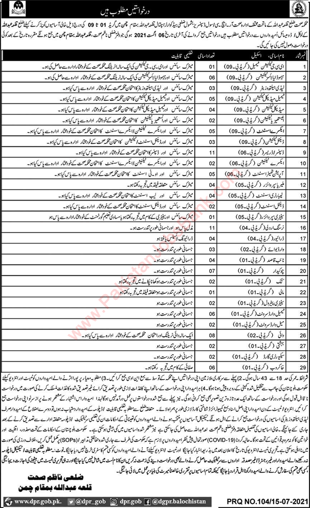 Health Department Chaman Jobs 2021 July Killa Abdullah Medical Technicians & Others Latest