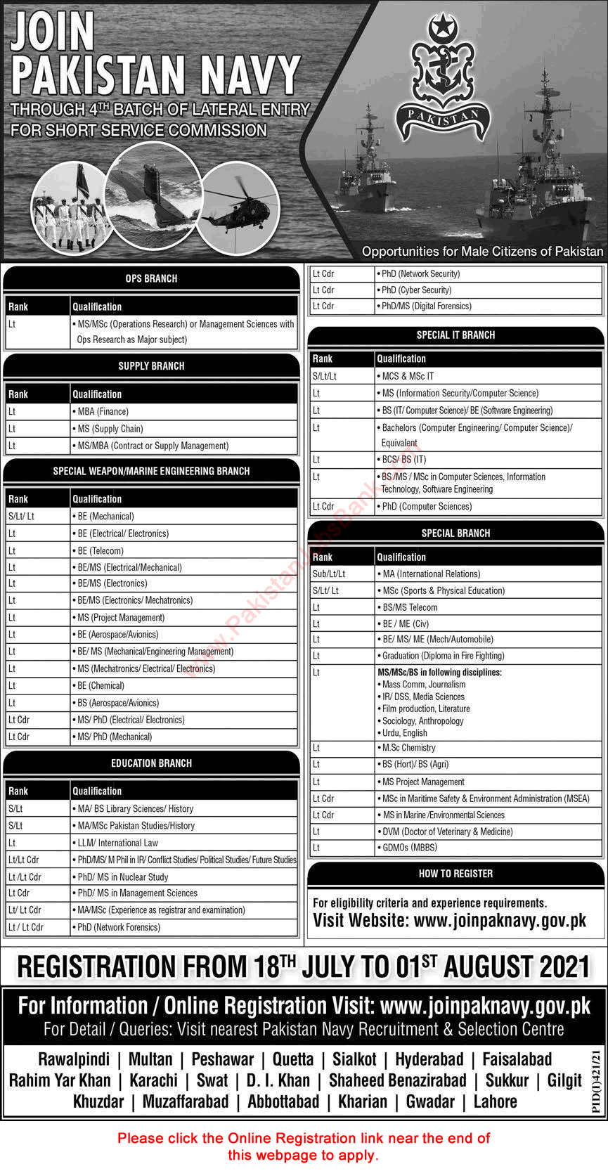 Join Pakistan Navy through Short Service Commission July 2021 Online Registration 4th Batch of Lateral Entry Latest
