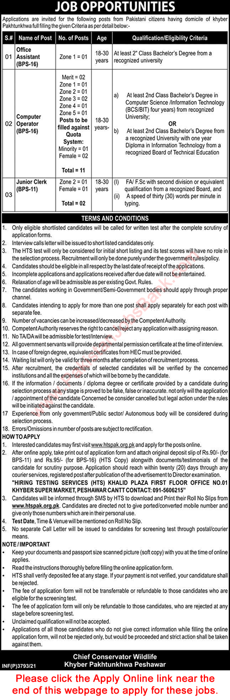 Wildlife Department KPK Jobs July 2021 HTS Apply Online Computer Operators & Others Latest