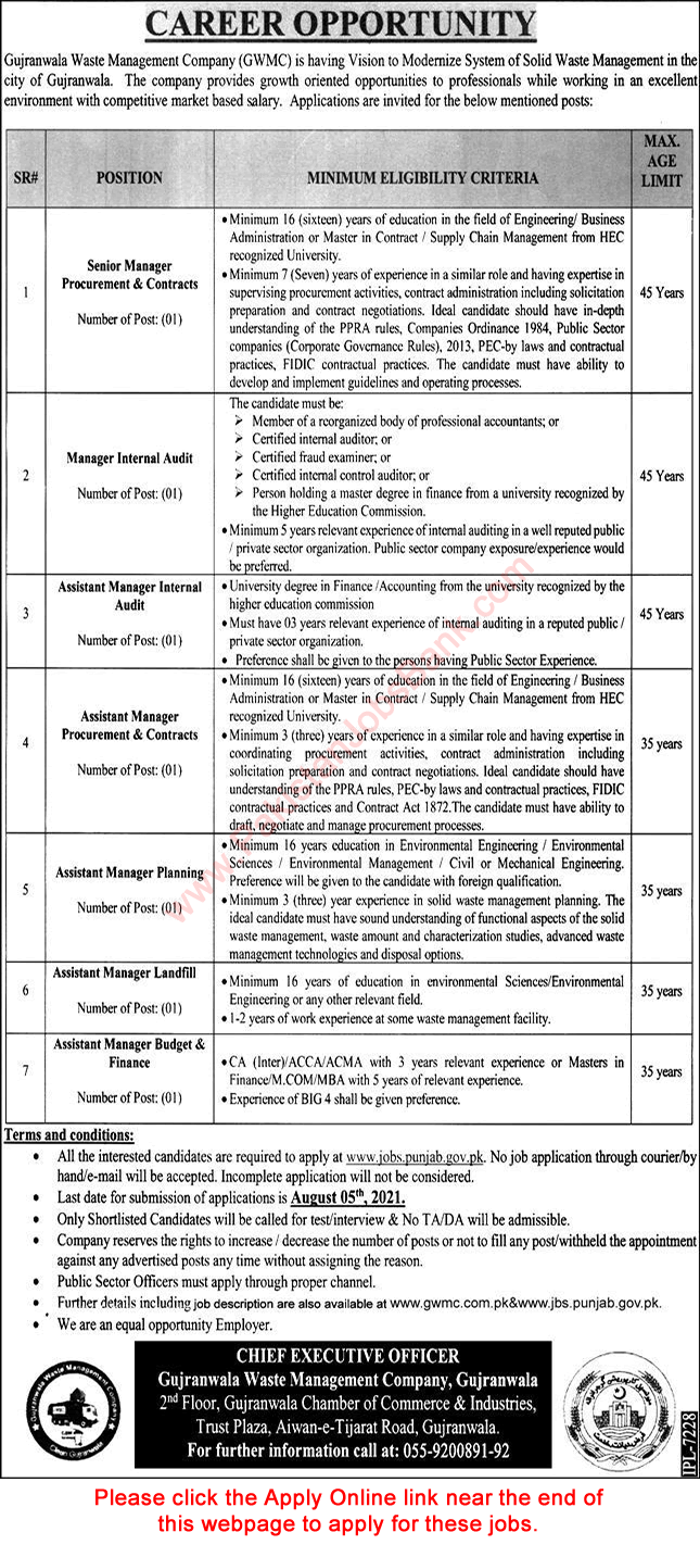 Gujranwala Waste Management Company Jobs July 2021 GWMC Apply Online Assistant Managers & Others Latest