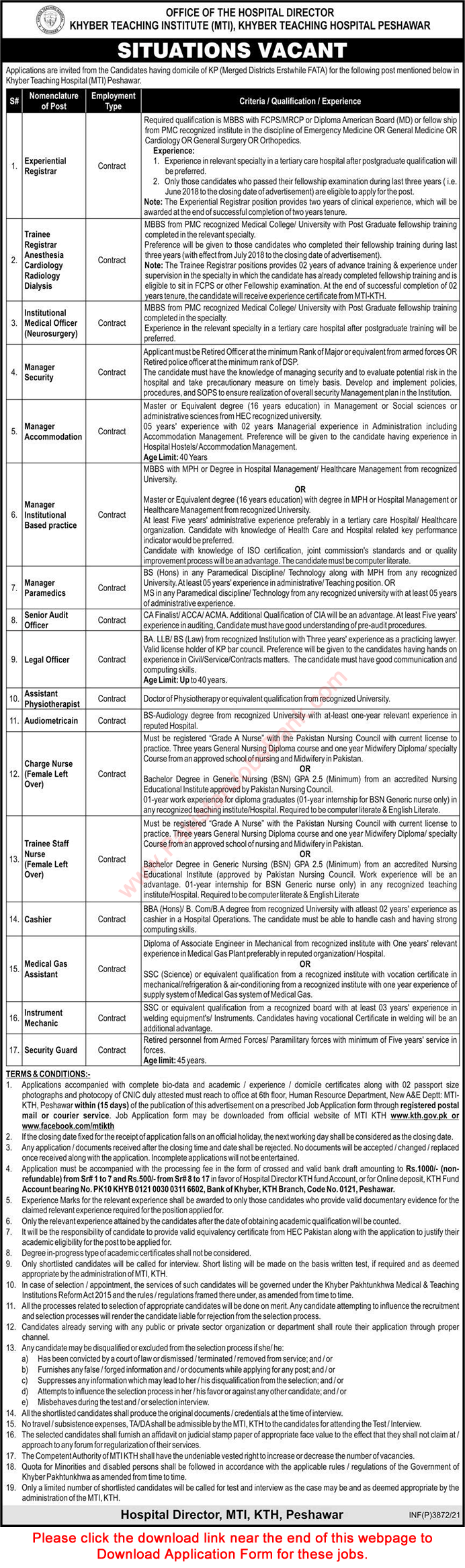 Khyber Teaching Hospital Peshawar Jobs July 2021 MTI KTH Application Form Latest