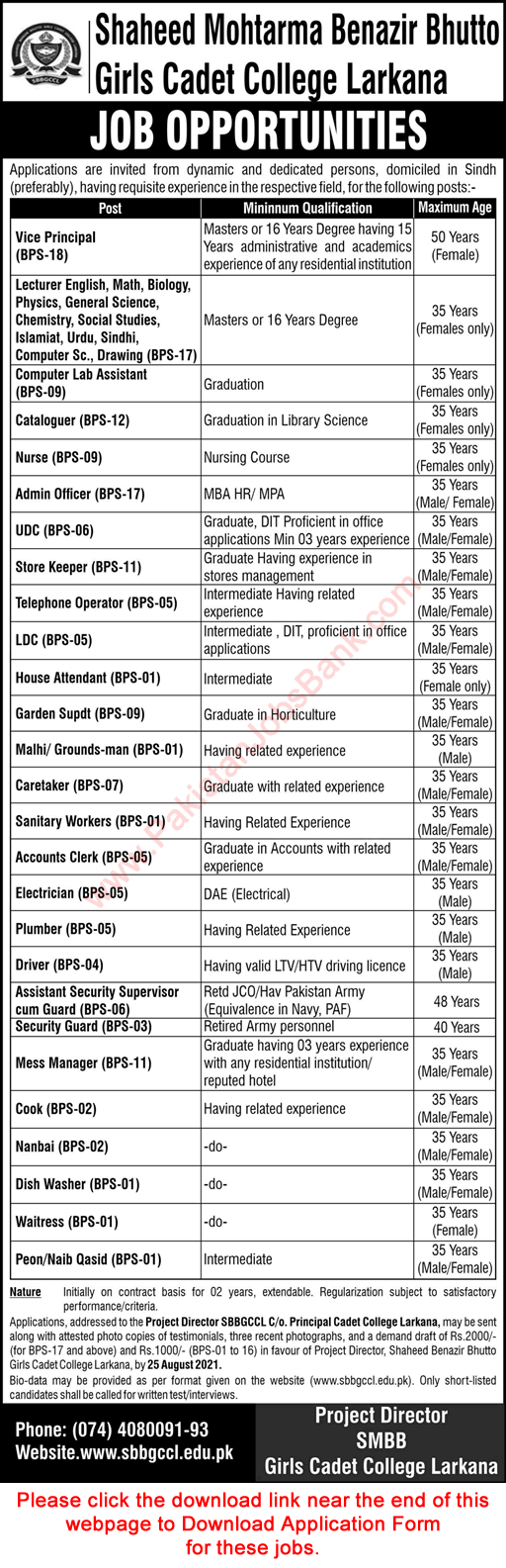 Shaheed Mohtarma Benazir Bhutto Girls Cadet College Larkana Jobs 2021 July / August Application Form Latest