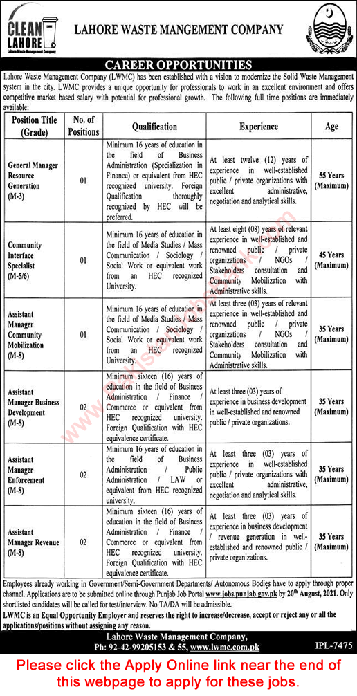 Lahore Waste Management Company Jobs July 2021 August LWMC Apply Online Latest