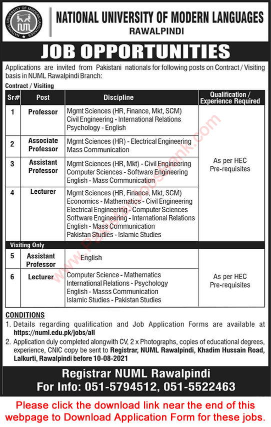 Teaching Faculty Jobs in NUML University July 2021 August Rawalpindi Branch Application Form Latest