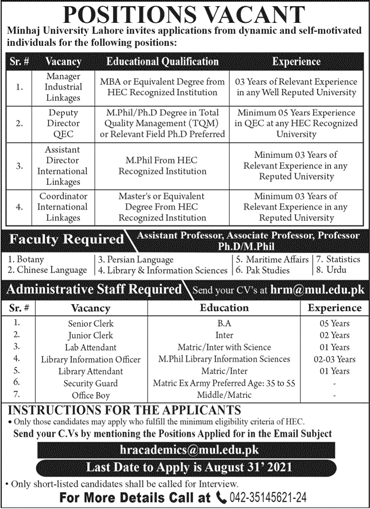 Minhaj University Lahore Jobs August 2021 Teaching Faculty & Others Latest