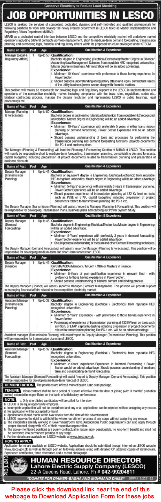 LESCO Jobs August 2021 WAPDA Application Form Deputy / Assistant Managers Latest