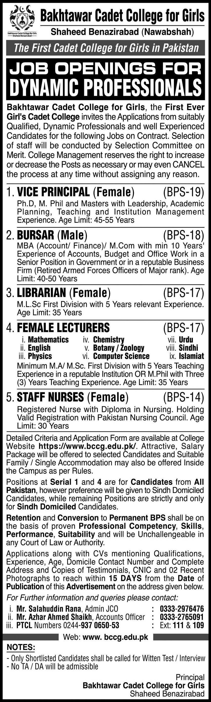 Bakhtawar Cadet College for Girls Shaheed Benazirabad Jobs 2021 August Lecturers & Others Latest