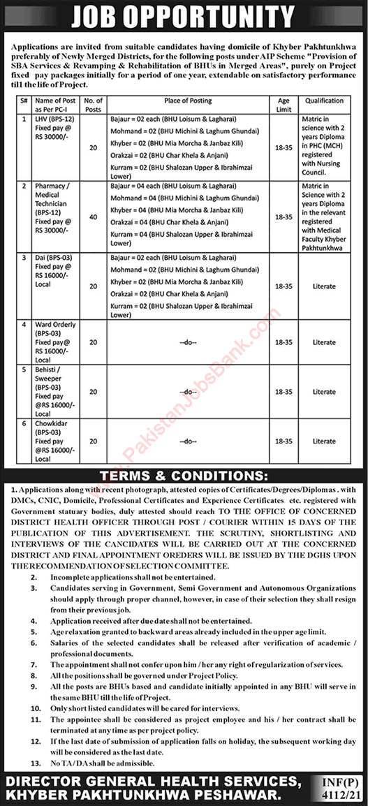 Health Department KPK Jobs August 2021 Medical Technicians, LHV & Others Latest