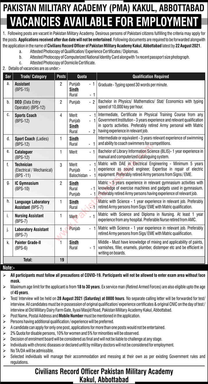 PMA Kakul Jobs 2021 August Abbottabad Pakistan Military Academy Pak Army Latest