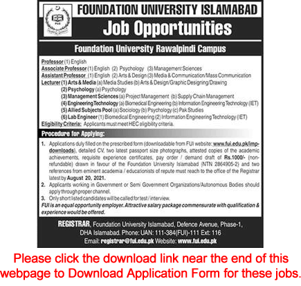 Foundation University Rawalpindi Campus Jobs 2021 August FURC Application Form Teaching Faculty & Lab Engineers Latest