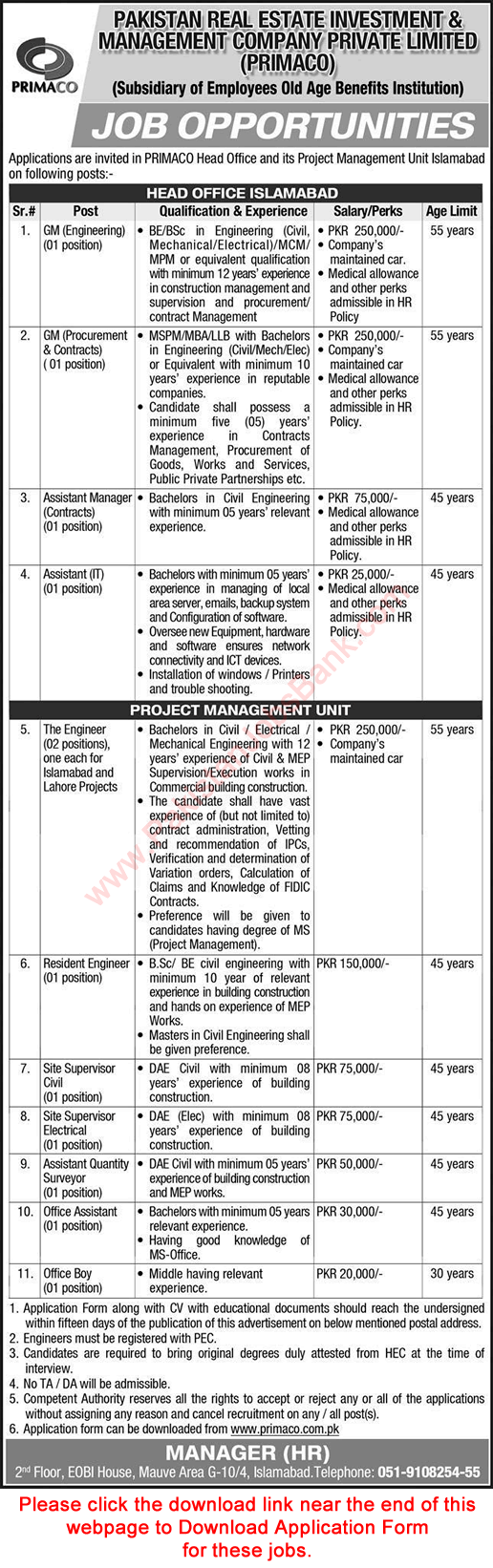 PRIMACO Jobs August 2021 Application Form Pakistan Real Estate Investment & Management Company Latest