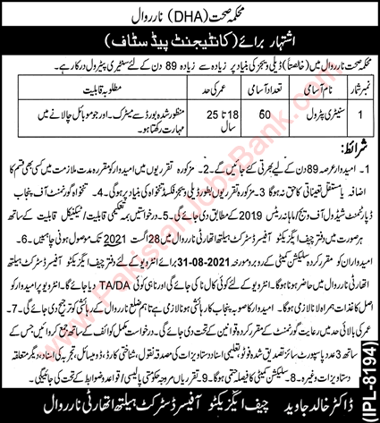 Sanitary Patrol Jobs in Health Department Narowal 2021 August Latest