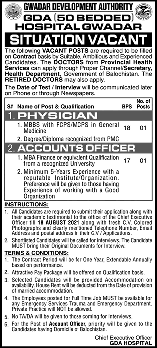 GDA Hospital Gwadar Jobs 2021 August Physician & Accounts Officer Latest