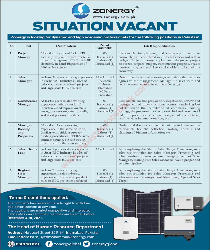 Zonergy Pakistan Jobs 2021 August Sales Managers, Sales Team Lead & Others Latest