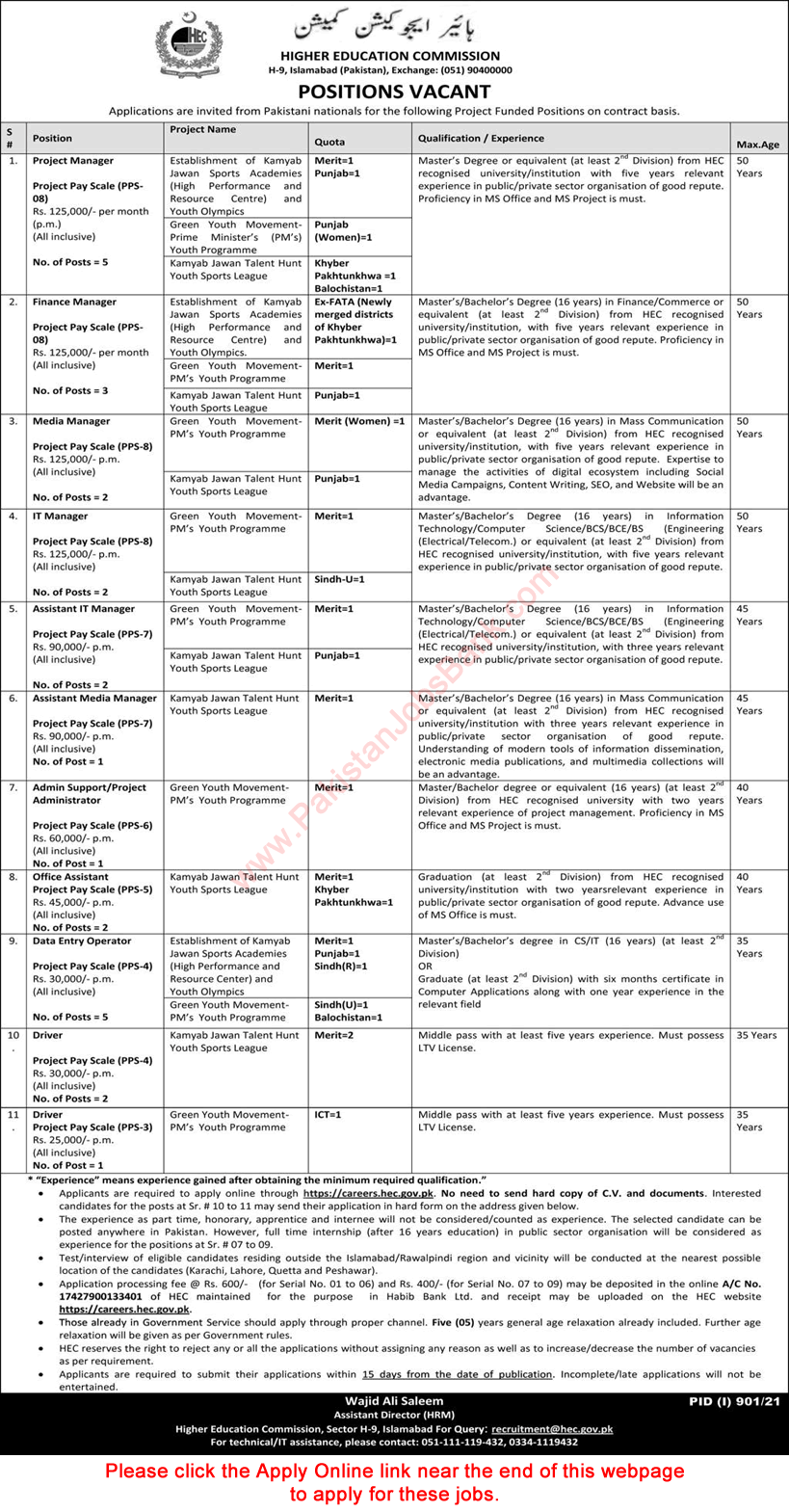 HEC Jobs August 2021 Apply Online Higher Education Commission Latest