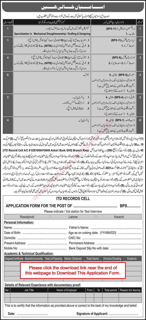 ITD Directorate GHQ Rawalpindi Jobs 2021 August Application Form Clerks & Others Latest