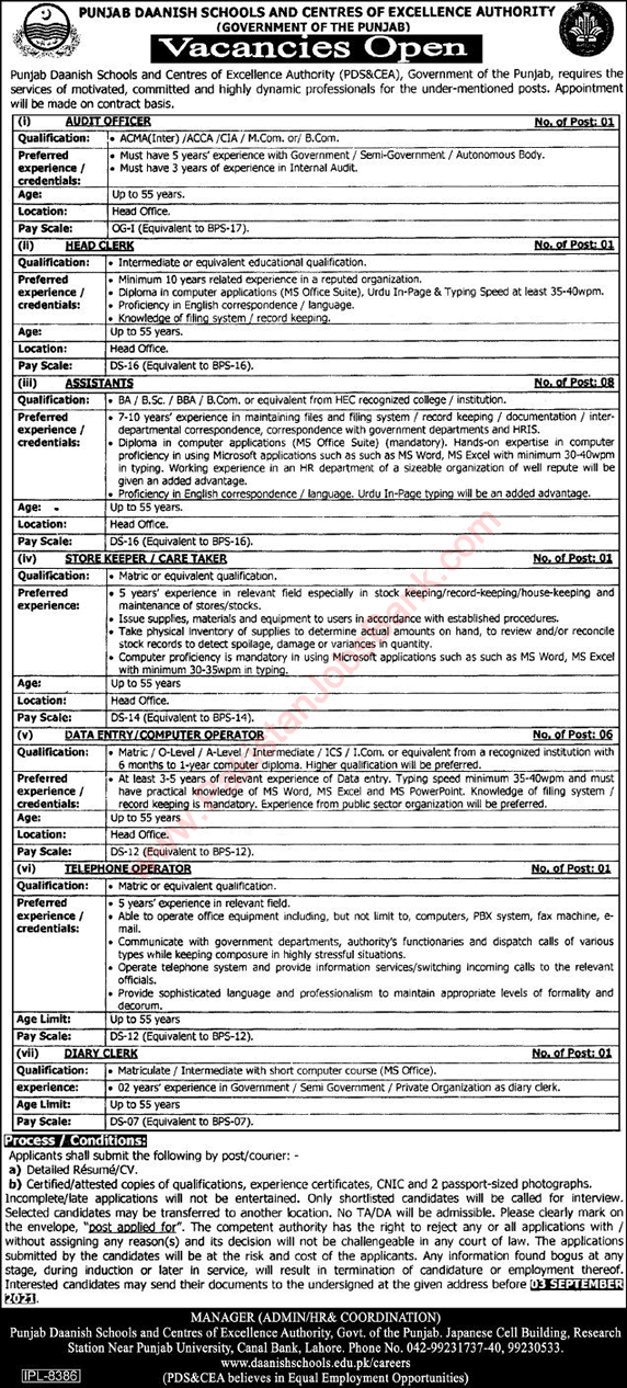 Punjab Daanish School Lahore Jobs August 2021 Assistants, Computer Operators & Others Latest