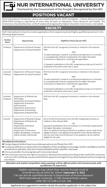 Teaching Faculty Jobs in NUR International University Lahore 2021 August Latest