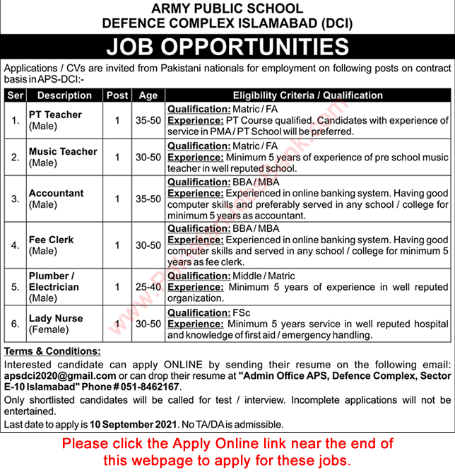 Army Public School Defence Complex Islamabad Jobs 2021 August DCI Teachers & Others Latest