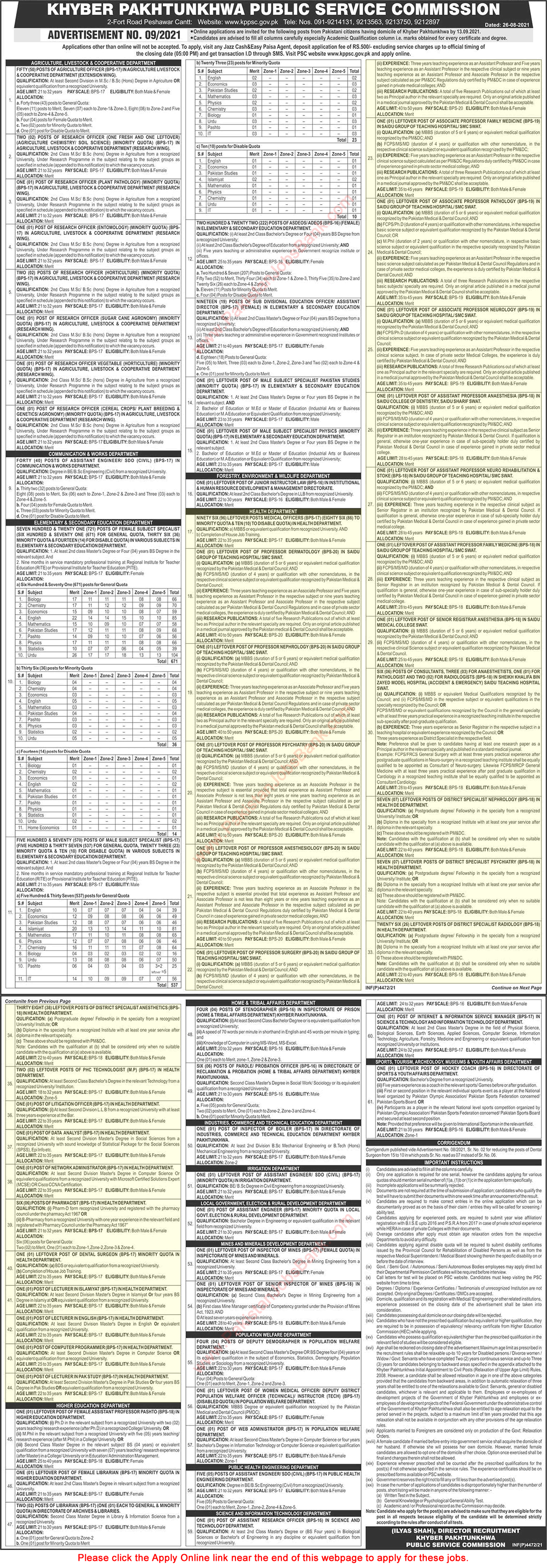 Health Department KPK Jobs August 2021 September KPPSC Apply Online Medical Officers & Others Latest