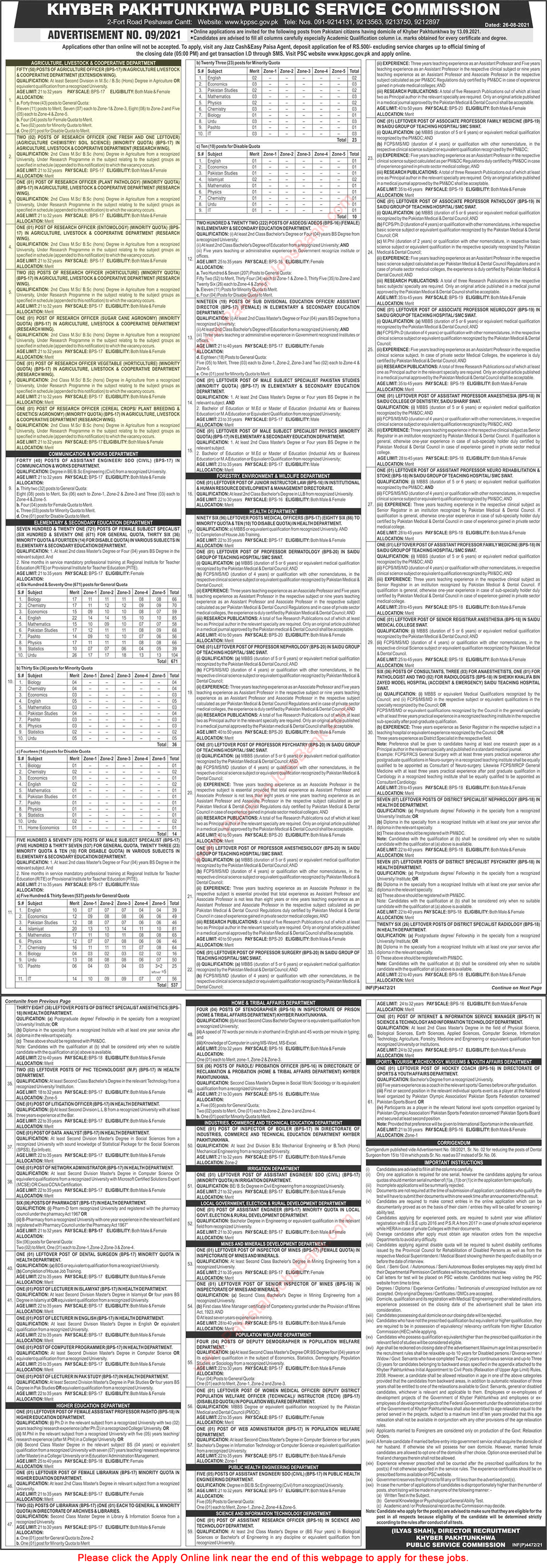 Agriculture Livestock and Cooperative Department KPK Jobs August 2021 September KPPSC Apply Online Latest