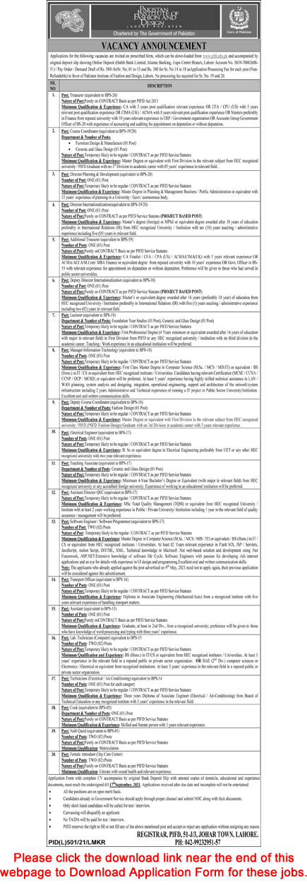 Pakistan Institute of Fashion and Design Lahore Jobs August 2021 September PIFD Application Form Latest