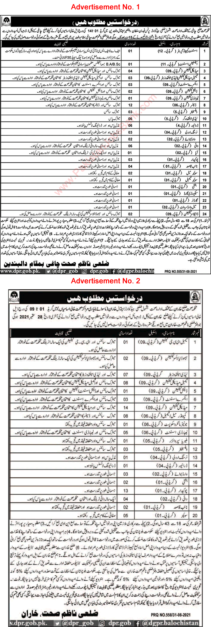 Health Department Kharan / Chagai Jobs 2021 September Medical Technicians, Lady Health Visitors & Others Latest